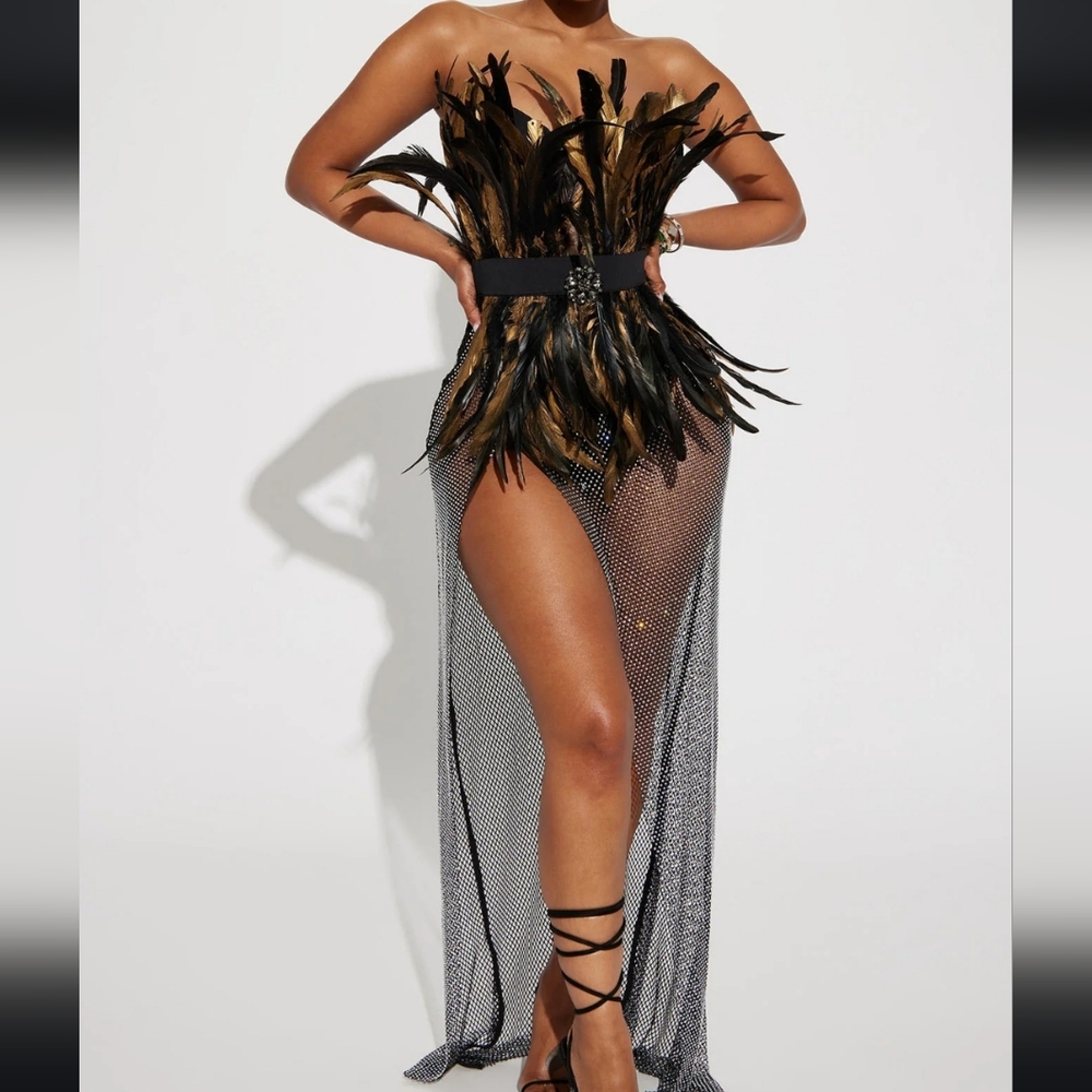 Luxurious Life Feather Maxi Dress - Black
